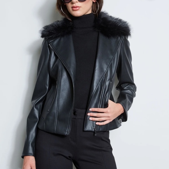 T Tahari Jackets & Blazers - T Tahari Black FAUX FUR COLLAR MOTO JACKET